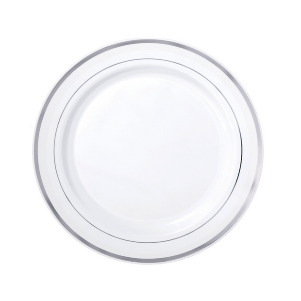 White & Silver Trim Plastic Plates 18cm (6 Pack)