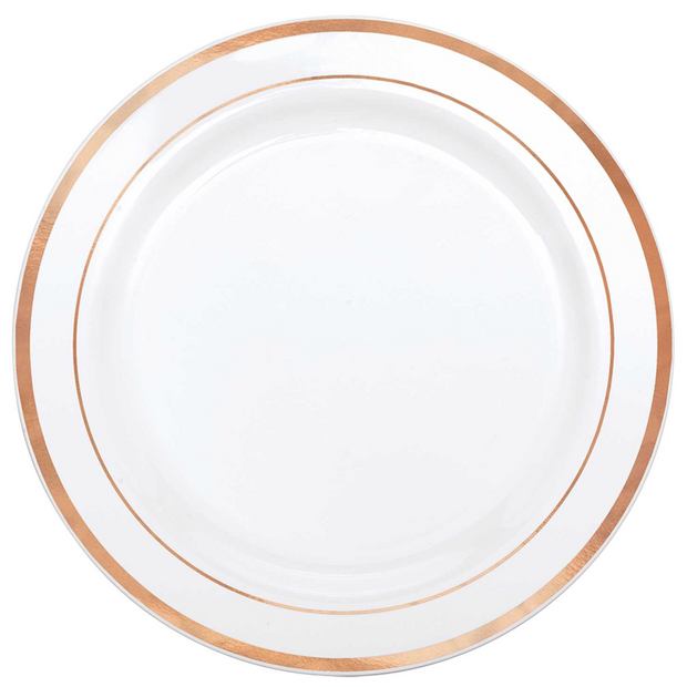 White & Rose Gold Trim Plastic Plates 26cm (6 Pack)