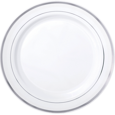 White & Silver Trim Plastic Plates 26cm (6 Pack)