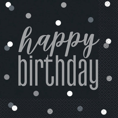 Happy Birthday Black & Silver Glitz Square Napkins 33cm (16 Pack)