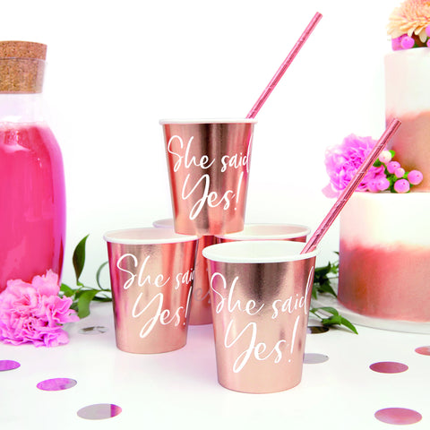 Rose Gold "She Said Yes!" Paper Cups 220ml (6 Pack)