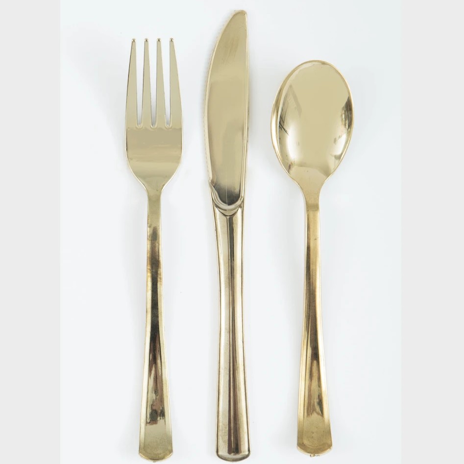 Metallic Gold Plastic Cutlery Reusable 18 Pack Forever Party