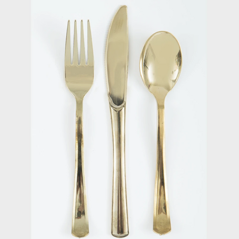 Metallic Gold Plastic Cutlery Reusable (18 Pack)
