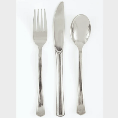 Metallic Silver Plastic Cutlery Reusable (18 Pack)