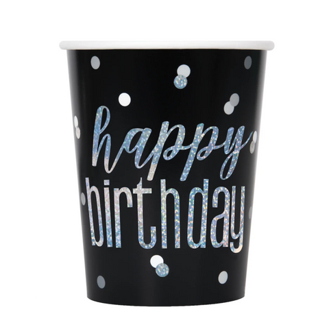 Happy Birthday Black & Silver Glitz Cups 9oz (8 Pack)