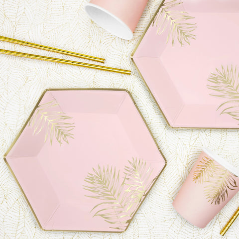 Pink & Gold Leaves Plates 23cm (6 Pack)